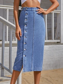 2023 נשים לחצן צד פיצול גבוהה המותניים ג 'ינס חצאית משרד ליידי אמצע שוק חצאיות ג' ינס סתיו חורף ארוך חצאית